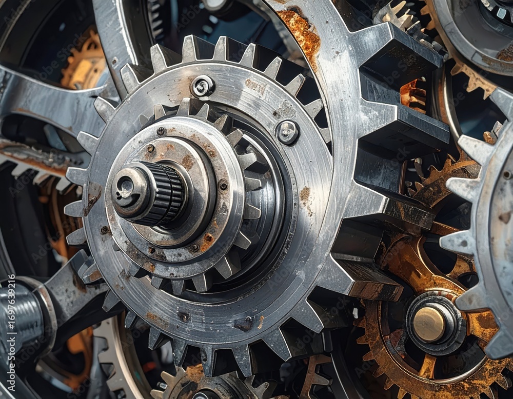 Poster close-up view of antique gears and cogs in a mechanism