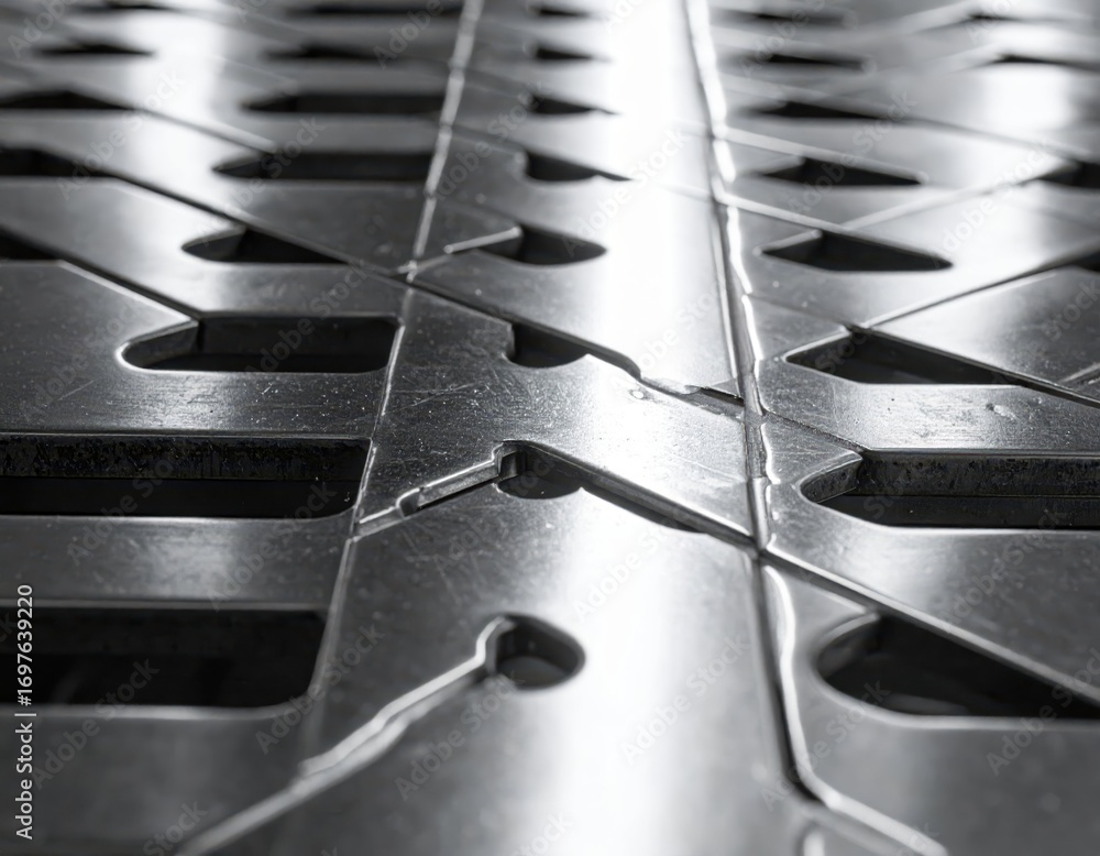Poster close-up view of metallic surface with intricate patterns and shapes