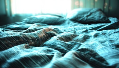 Soft teal bedding, rumpled sheets in sunlight