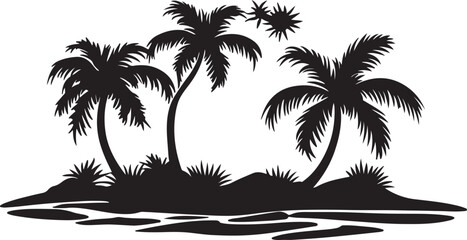 Silhouetted tropical island with three palm trees and lush vegetation under a clear sky