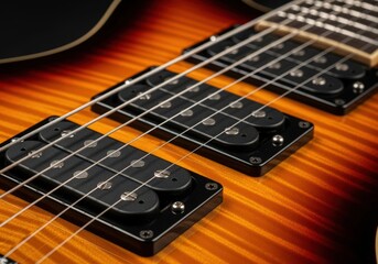 Vibrant electric guitar body, strings, and pickups detail