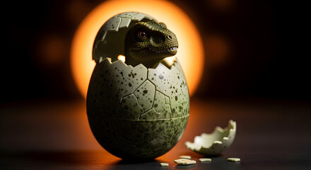 A close-up shot of a dinosaur hatching from a cracked egg, with a bright orange background.