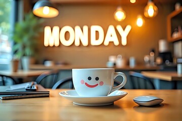 Coffee Cup with Smiley Face and Monday Sign on Work Desk