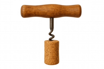 Vintage corkscrew piercing wine cork, isolated on transparent background, ready for easy compositing