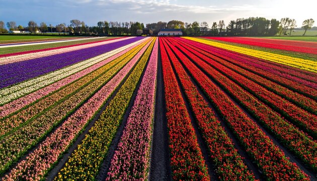 Colorful tulip fields stretching to the horizon