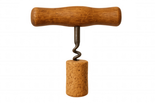 Vintage corkscrew piercing wine cork, isolated on transparent background, ready for easy compositing