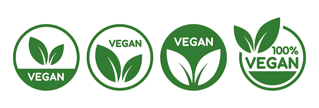 Collection of green vegan product certification logos featuring leaves and text indicating vegan status and 100 percent vegan certification	