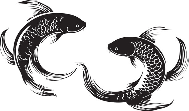 Two stylized black ink koi fish swimming in a yin yang symbol against a white background