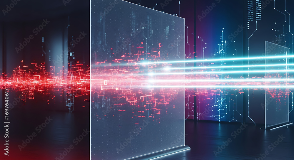 Fototapete digital data stream passing through secure firewall shield representing cyber defense and network pr