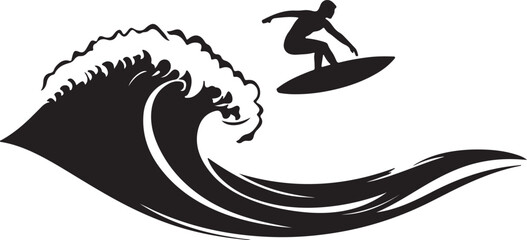 Fototapeta premium Silhouette of a surfer riding a large wave in the ocean during a surfing competition