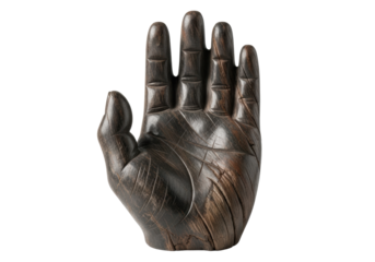 Meticulously carved human-like hand from dark petrified wood, gnarled, earthy tones, isolated against white background with copy space, open-palmed, symbolizing wisdom. Concept of natural endurance
