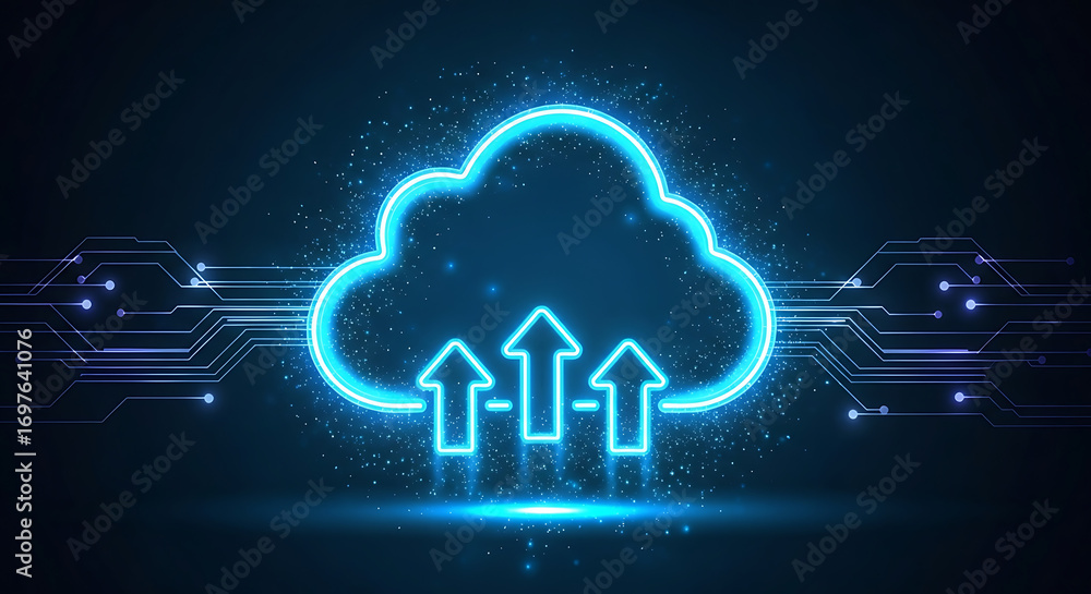 Aufkleber cloud technology with glowing upload arrows representing data transfer online storage and secure net