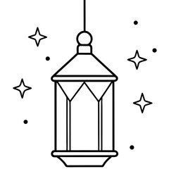 Elegant Ramadan Lantern Line Art with Sparkling Stars for Festive Celebrations and Islamic Greetings