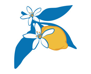 Hand drawn Italy lemon. Mediterranean fruit sketch. Italian citrus branch in blue, yellow color. Doodle sicily lemons with flower, leaves for poster, menu, wedding. Amalfi Isolated vector illustration