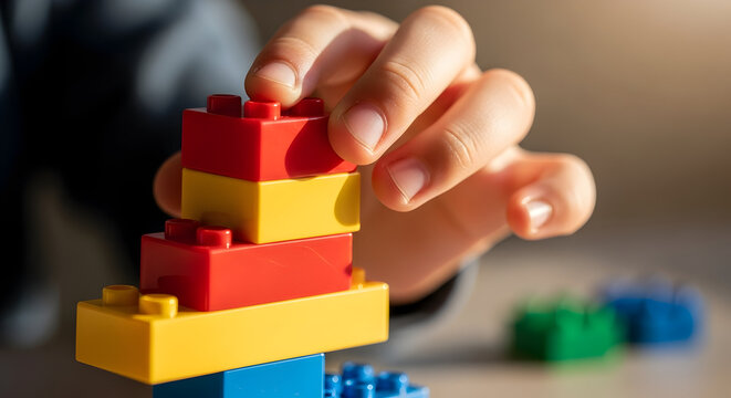 Child's hand placing red and yellow Lego blocks.
