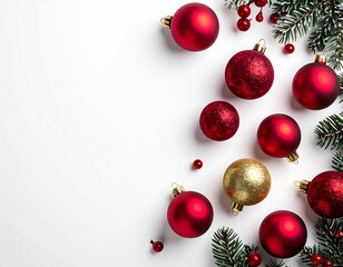 Minimal Christmas Ornaments on White Background – Red and Gold Baubles, Holiday Decoration