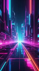 Vibrant Neon Cityscape with Futuristic Urban Elements and Glow