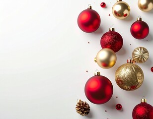 Minimal Christmas Ornaments on White Background – Red and Gold Baubles, Holiday Decoration