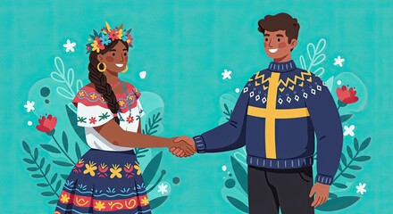 Fototapeta premium Diverse People Shaking Hands in Blue Floral Background Illustration