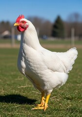 Fototapeta premium Elegant white leghorn chicken standing serenely on a grassy meadow