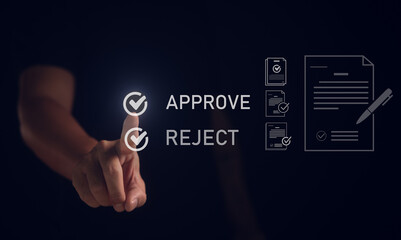 Businessman's hand making a crucial decision, pointing at approve or reject options on a virtual interface. A concept of digital document management, e-signatures, and business process automation.