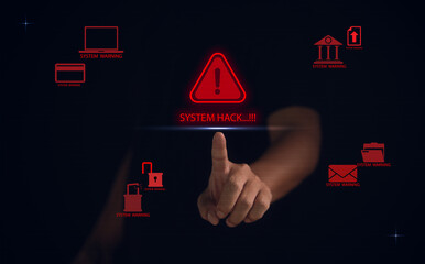 Cybersecurity threat, data breach, and internet security danger concept. A hand touches a "SYSTEM HACK" warning alert on a virtual screen with icons for phishing, financial fraud, and unlocked data.