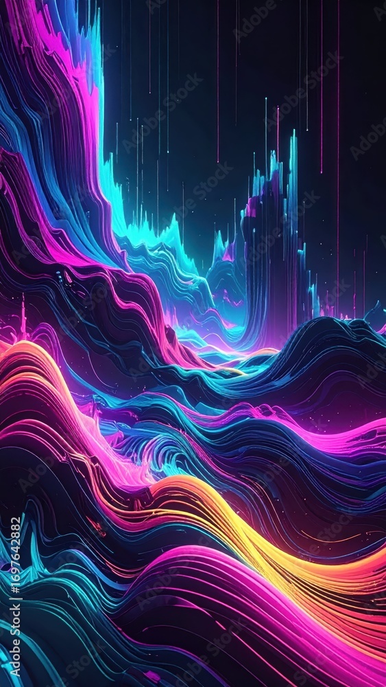 Poster vibrant abstract wave patterns in neon colors and dark background