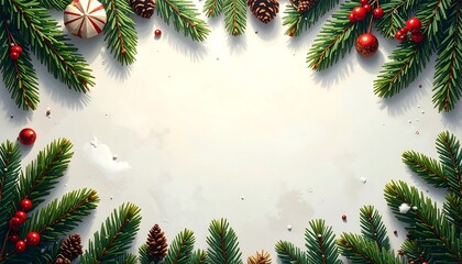 Christmas-themed graphic with fir branches and decorations