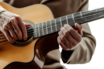 Elderly man playing acoustic guitar joyfully
