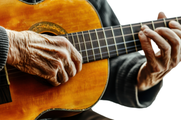 Close-up of elderly hands playing guitar
