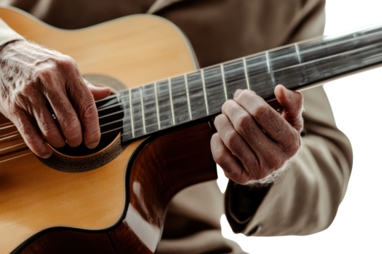 Elderly man playing acoustic guitar joyfully
