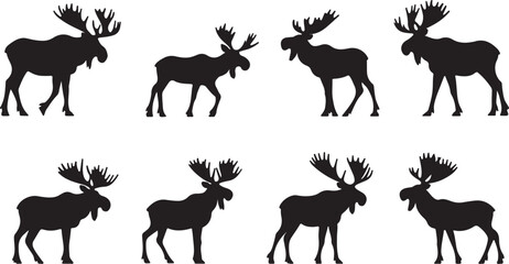 Collection of eight distinct black silhouettes of majestic moose with large antlers on a white background