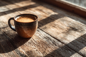 Cup of coffee with frothy crema on rustic wooden table, realistic photo for lifestyle blog