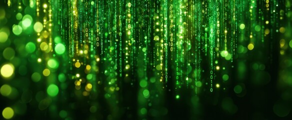 The Binary Code Rain of Glowing Green Data Streams in Futuristic Digital Matrix