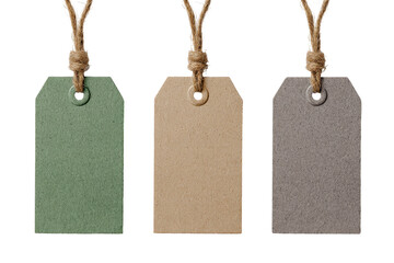 Three blank paper tags, various muted colors, hung by twine