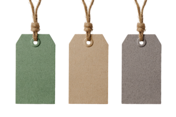 Three blank paper tags, various muted colors, hung by twine