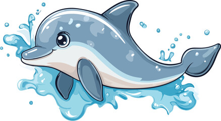 Naklejka premium Cute cartoon dolphin leaping and splashing in clear blue ocean water with playful expression