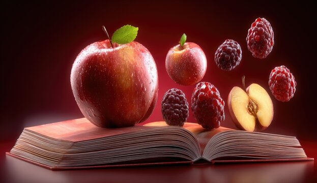 Red apple and raspberries on an open book