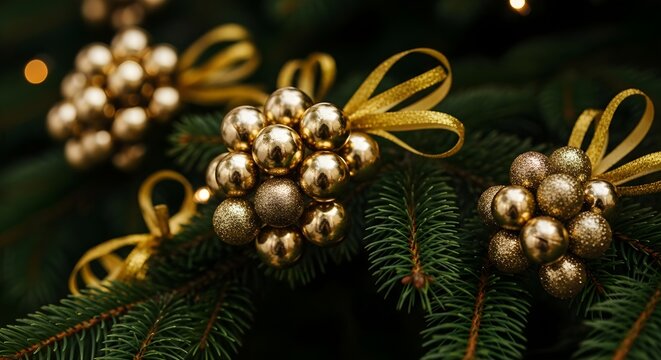 Christmas tree branch adorned with clustered gold spheres and ribbons bathed in natural soft lighting enhancing depth and shine on a dark background with ultra-sharp clarity