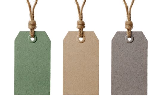 Three blank paper tags, various muted colors, hung by twine