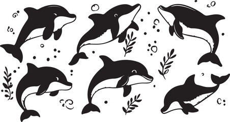 Naklejka premium Collection of playful black and white cartoon dolphins leaping and swimming in the ocean