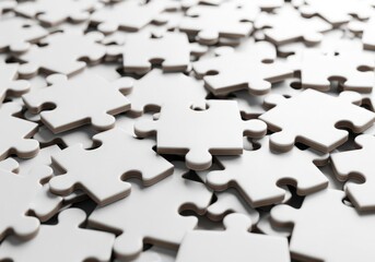 Abstract arrangement of scattered white jigsaw puzzle pieces