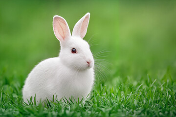 White rabbit sitting on green grass, realistic photo for education poster