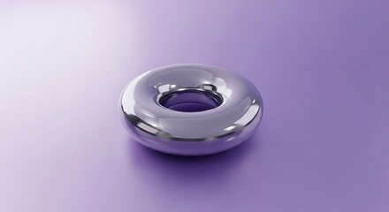 Polished metallic torus, modern reflective object on simple purple background