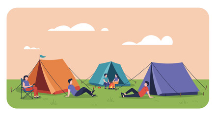 A serene flat design vector illustration depicting colorful camping tents and people relaxing, representing the multi-day experience of an outdoor music festival