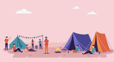 A serene flat design vector illustration depicting colorful camping tents and people relaxing, representing the multi-day experience of an outdoor music festival