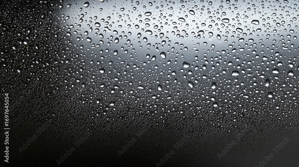 Poster a close-up view of water droplets on a glass surface, creating a textured and blurred effect against