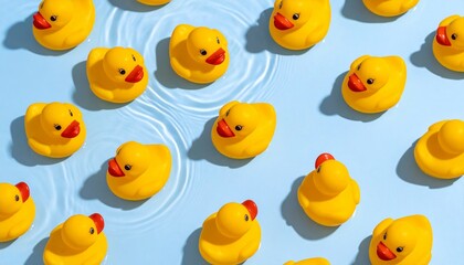 Cheerful yellow rubber duckies floating in water, creating a whimsical pattern