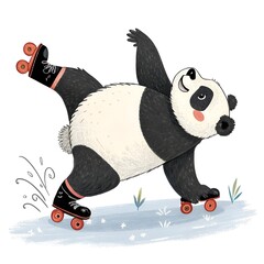 Funny vector illustration of a cute baby panda bear with a ball and a gift for a fun cartoon art
