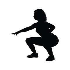Silhouette of a woman in a deep squat position extending one arm forward, woman doing squats silhouette vector illustration